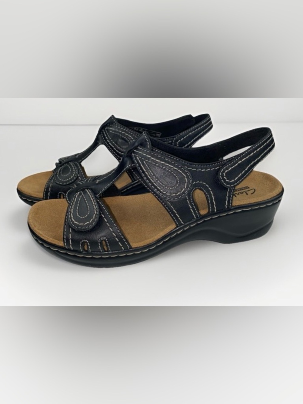 Clarks Lexi Q Black Leather Slingback Sandals with Contrast Stitching